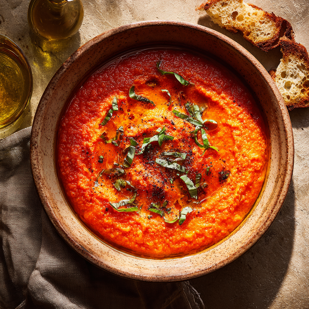 bowl of pappa al pomodoro, thick and creamy tomato bread soup with visible torn bread pieces and crushed tomato texture