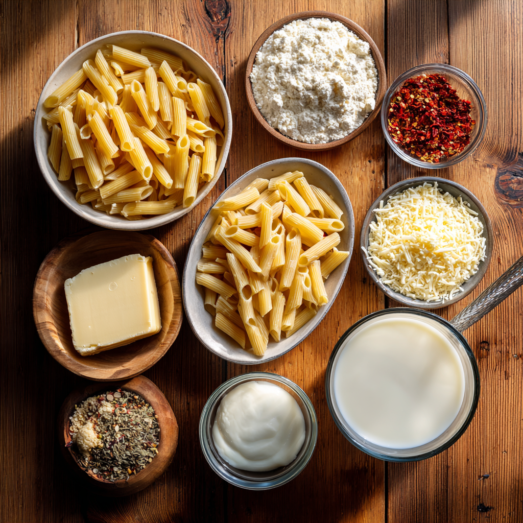 Flatlay of ingredients for Italian mac and cheese: penne pasta, butter, flour, warm milk