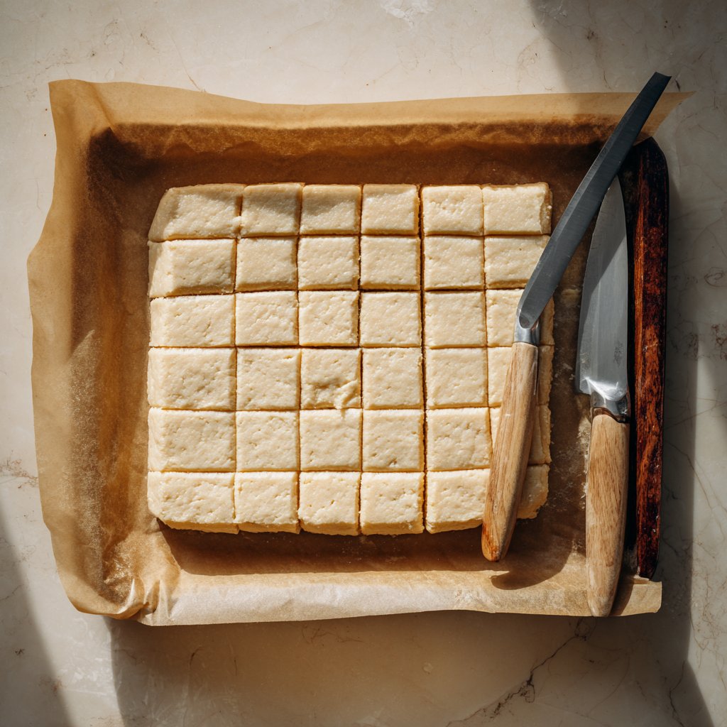 chilled panelle slab on a parchment-lined baking sheet, 1/8–1/4 inch thick, being sliced into neat rectangles with a thin knife.