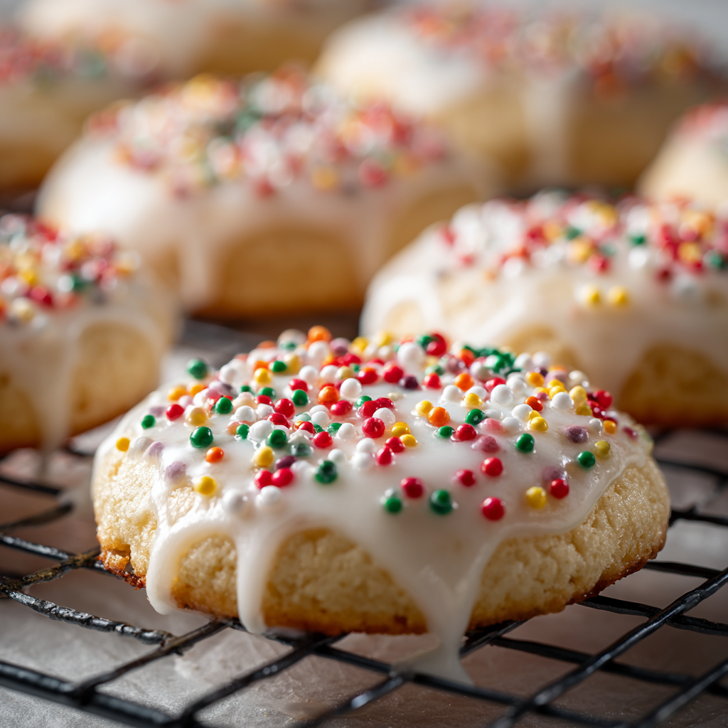 Warm Italian Christmas cookies resting on a wire rack lined with parchment underneath. Thick opaque glaze dripping slightly, second coat freshly applied.