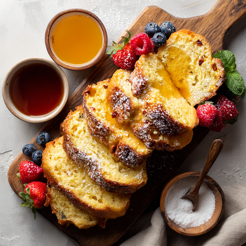 Overhead shot of multiple slices of panettone French toast arranged on a wooden board. Golden, airy interior with cooked custard, buttery shine on top.