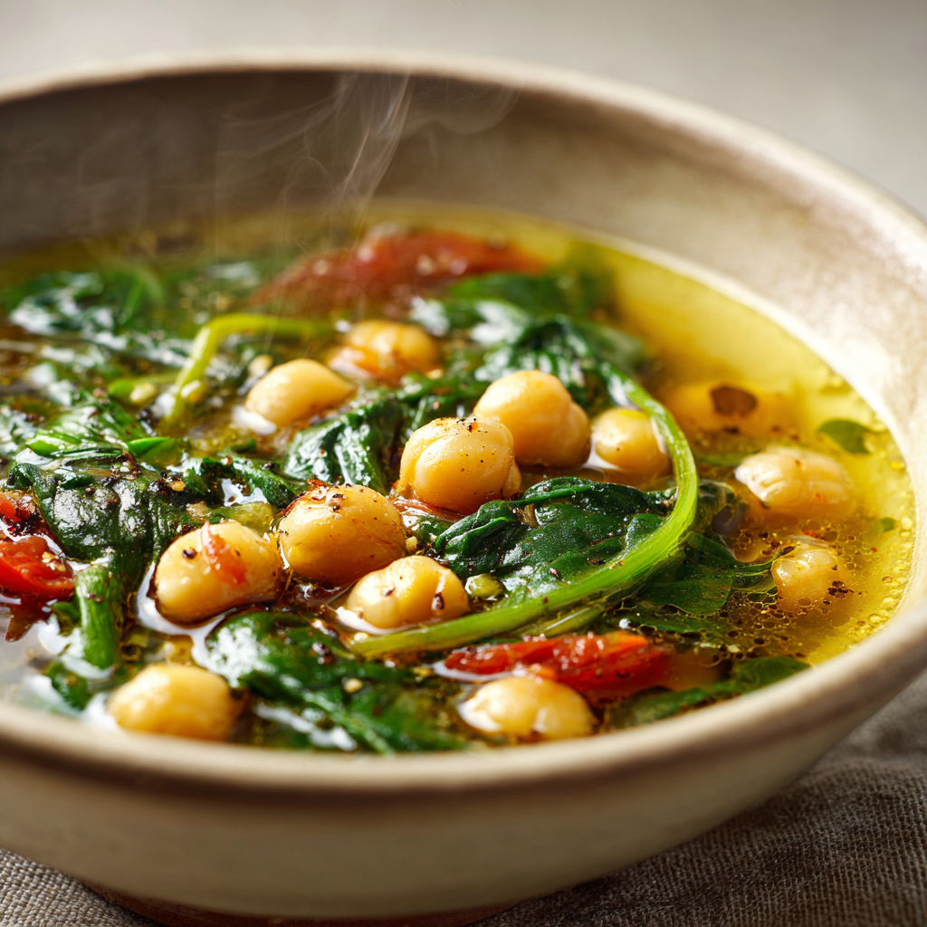 Italian chickpea and spinach soup in a white ceramic bowl.