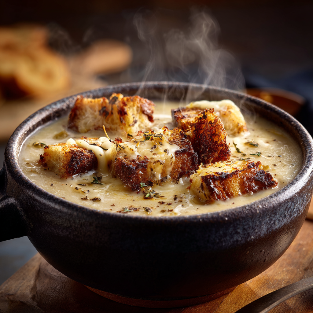 silky roasted garlic potato soup in a white ceramic bowl, creamy pale golden color,