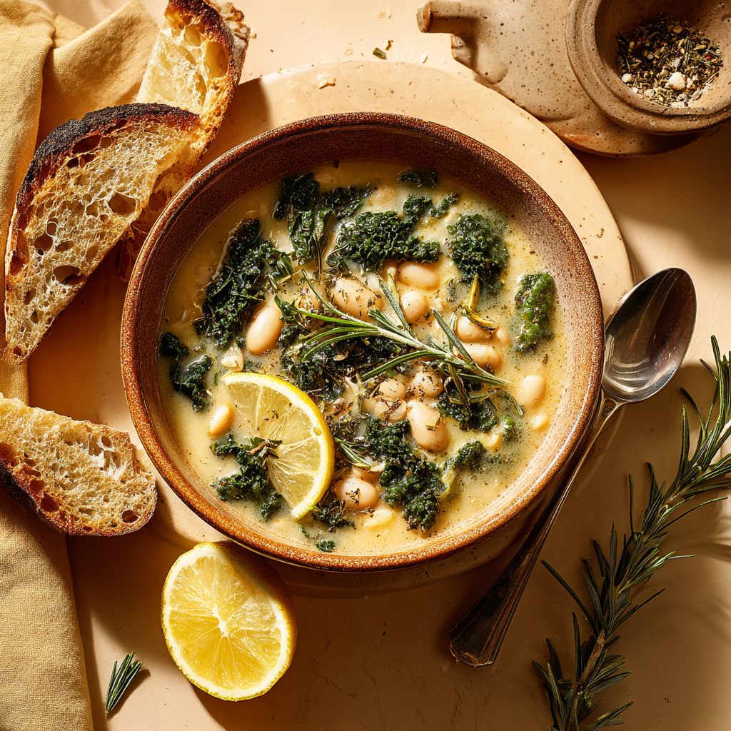 Tuscan white bean soup with kale, rosemary leaves floating