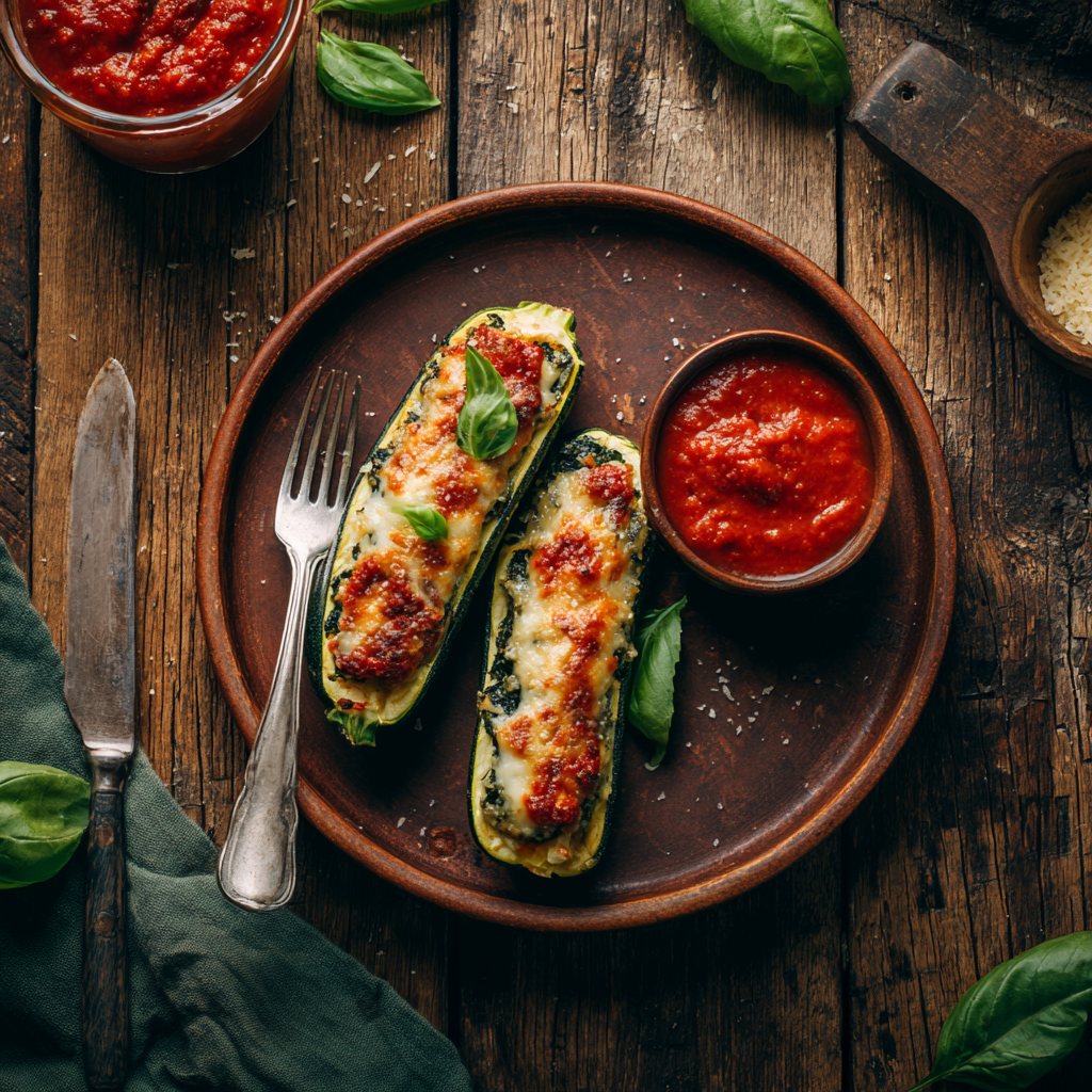 A rustic wooden table with two plated Italian stuffed zucchini boats, a small bowl of marinara for dipping, torn basil on top, fork resting beside the plate