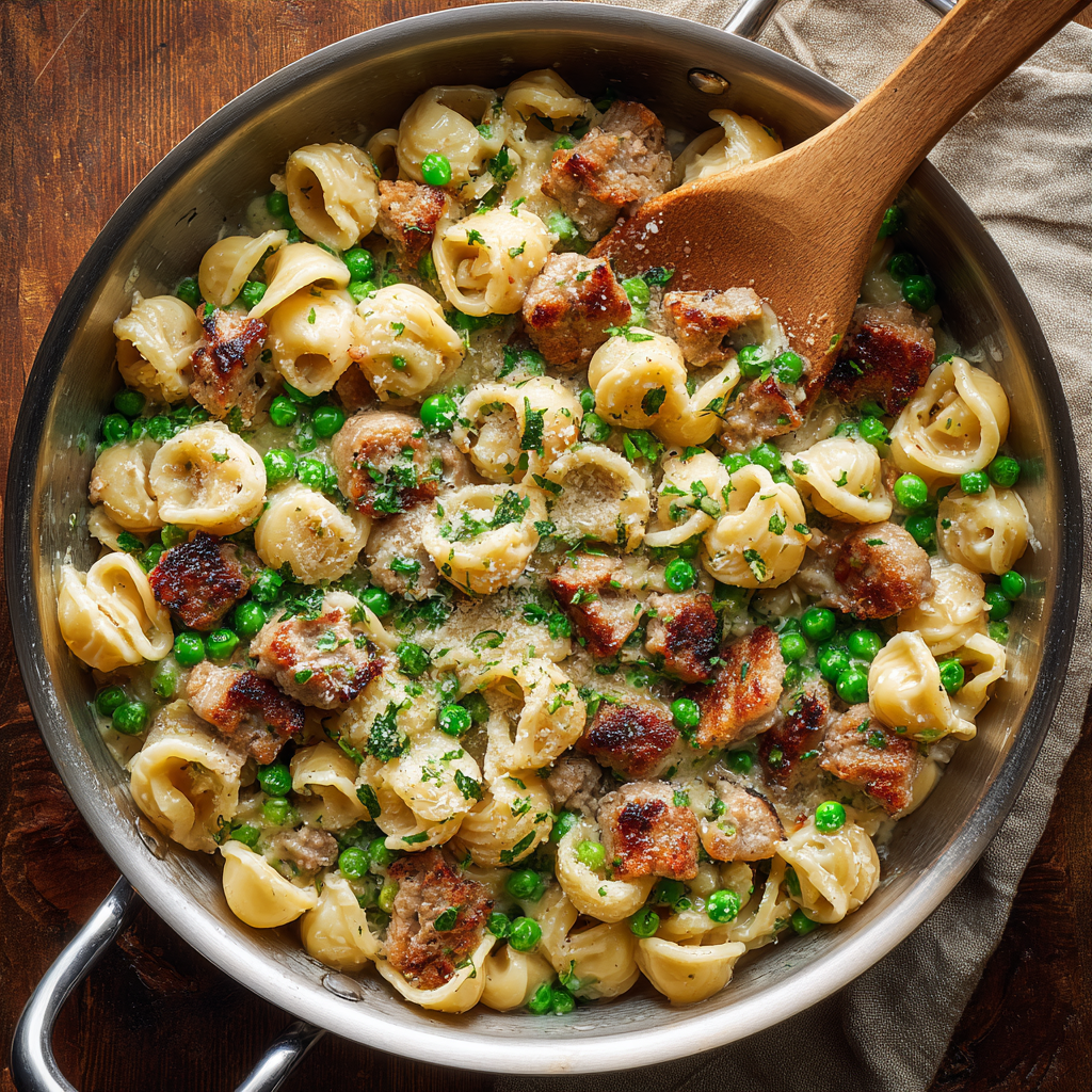 creamy sausage and pea pasta in a stainless steel skillet. Sauce clinging to shells, peas vivid green, sausage caramelized.