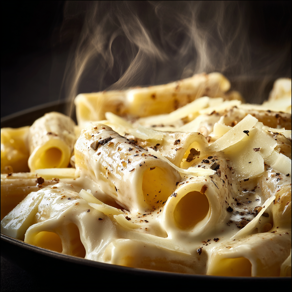 glossy gorgonzola cream sauce clinging inside penne tubes, steam rising