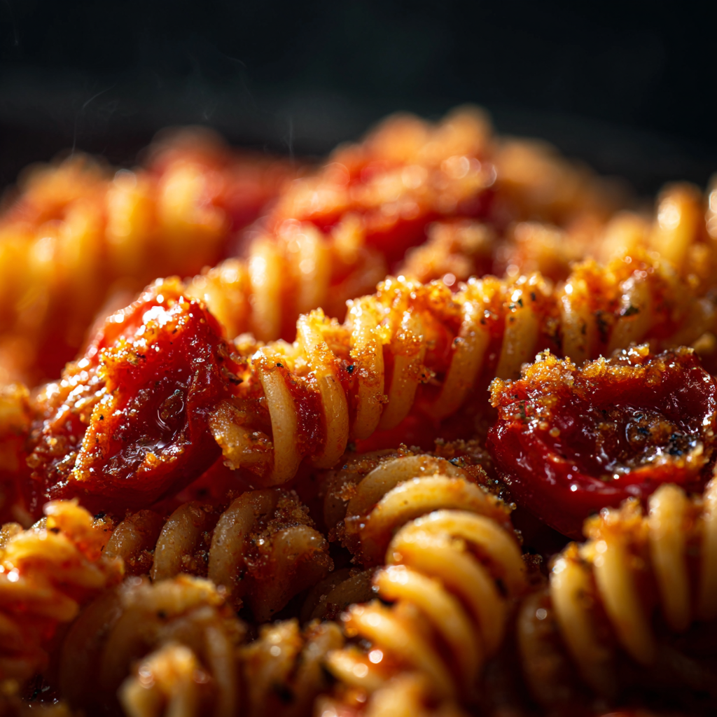 fusilli coated in glossy roasted tomato sauce, visible tomato pieces