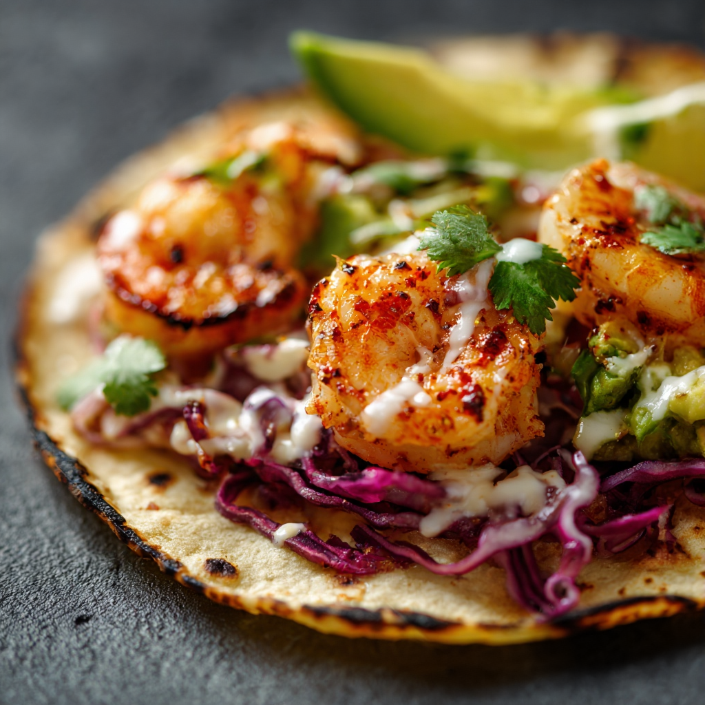 a single Italian shrimp taco in a corn tortilla.