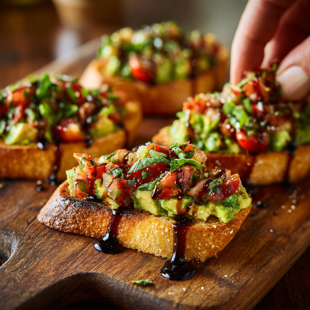 freshly made Italian bruschetta avocado toast on a wooden cutting board: golden olive-oil-brushed toast, garlic rubbed, creamy avocado spread