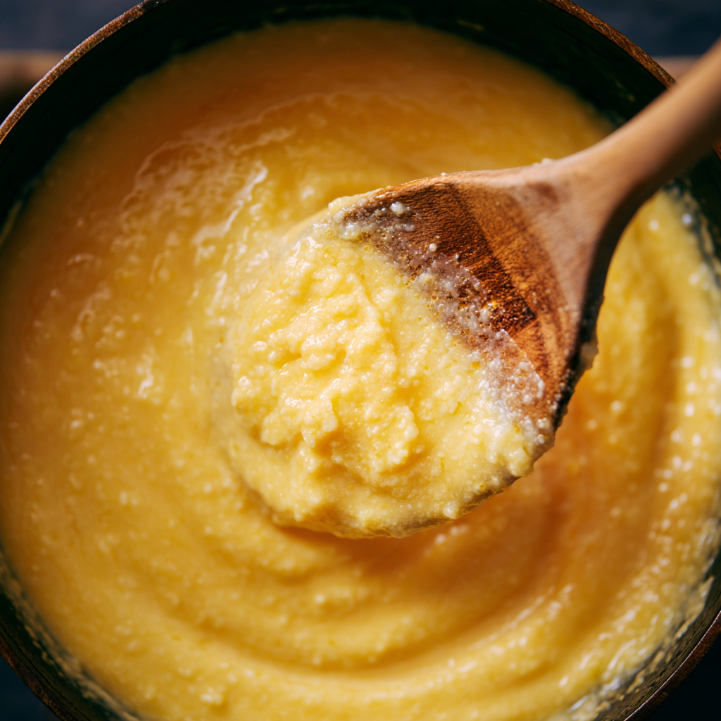freshly cooked Aosta polenta with melted Fontina mixed through, showing the glossy, silky texture as it’s ladled from a pot.