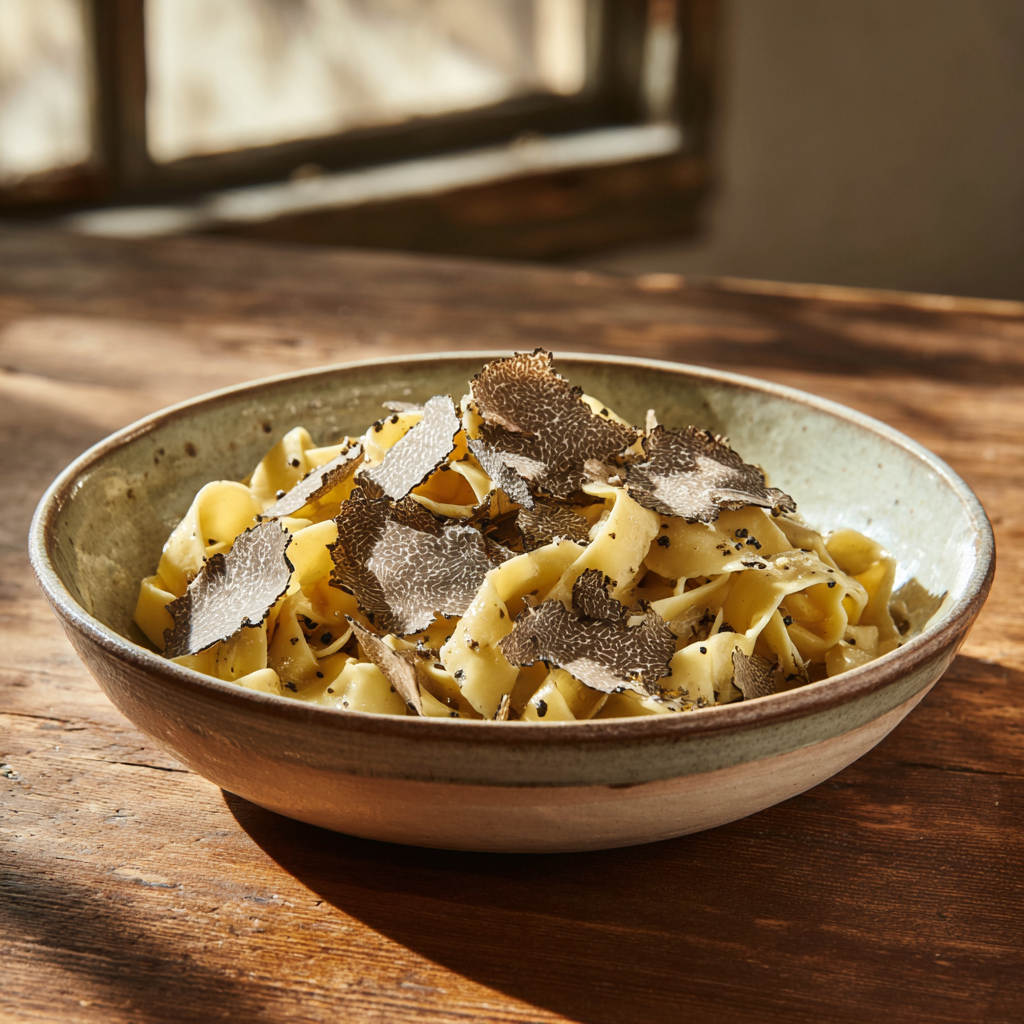 strangozzi coated in a creamy, silky truffle béchamel sauce. Fresh black truffle shavings on the surface, glossy texture, steam rising lightly.