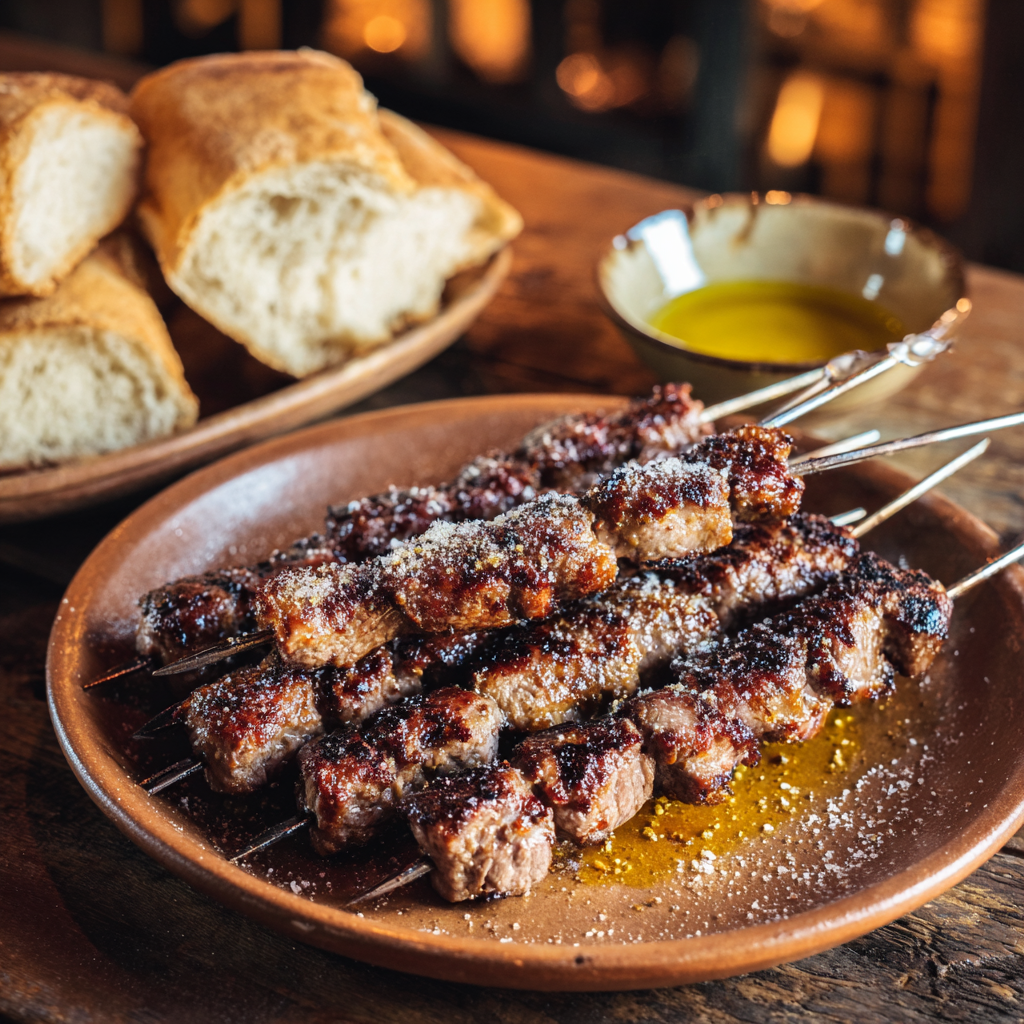 A hot platter of freshly grilled arrosticini placed on a rustic wooden table, skewers lined tightly, lamb cubes browned with crisp fat, light sprinkle of coarse salt.