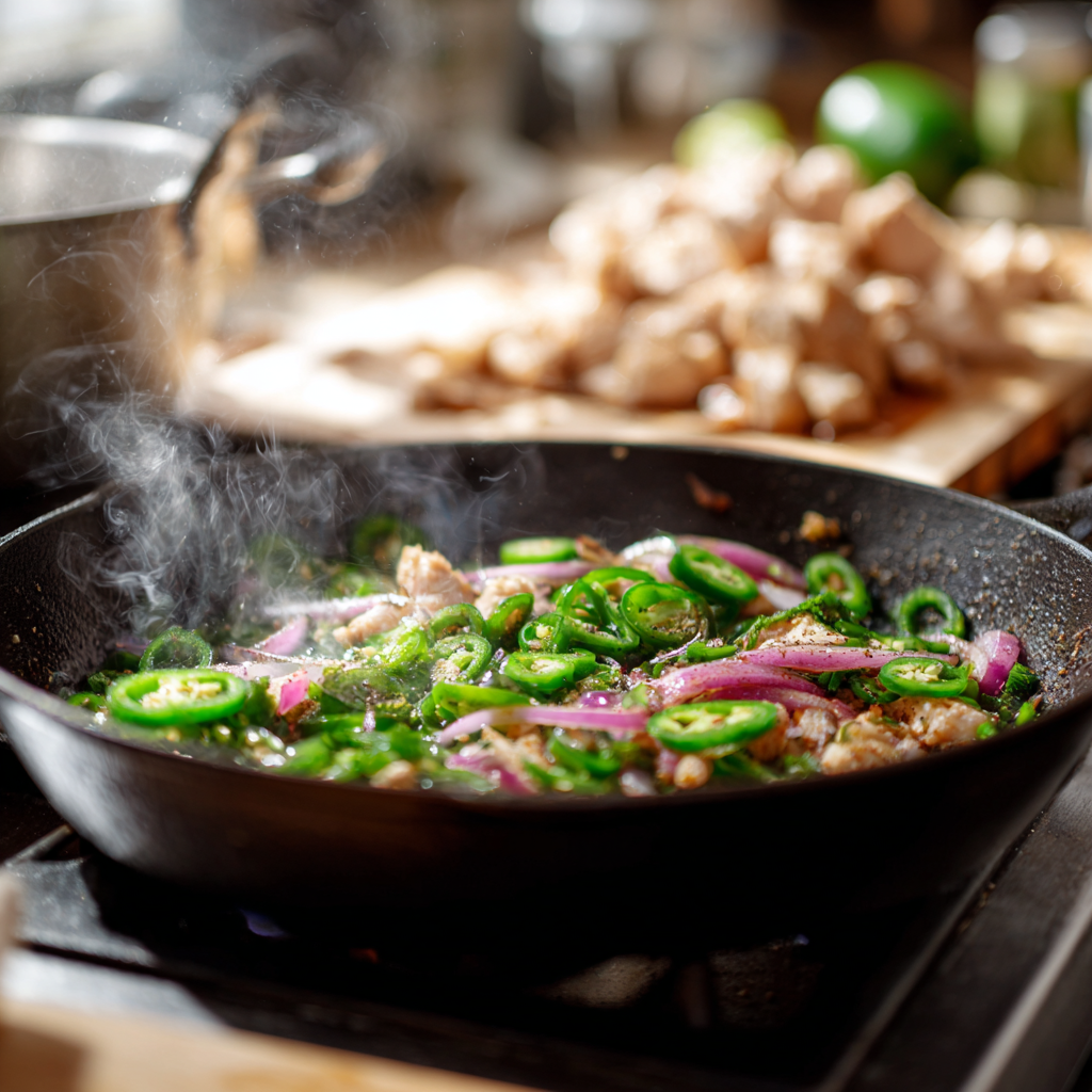 A skillet on the stove with sliced jalapeños and red onion sautéing in deglazed pan juices, with chopped cooked chicken resting on a cutting board nearby.
