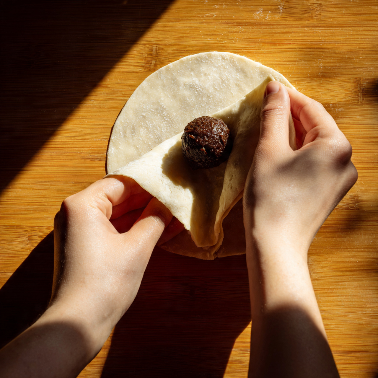 Hands shaping a cookie: flattened dough round, frozen Nutella ball placed in the center, edges being folded like a dumpling.