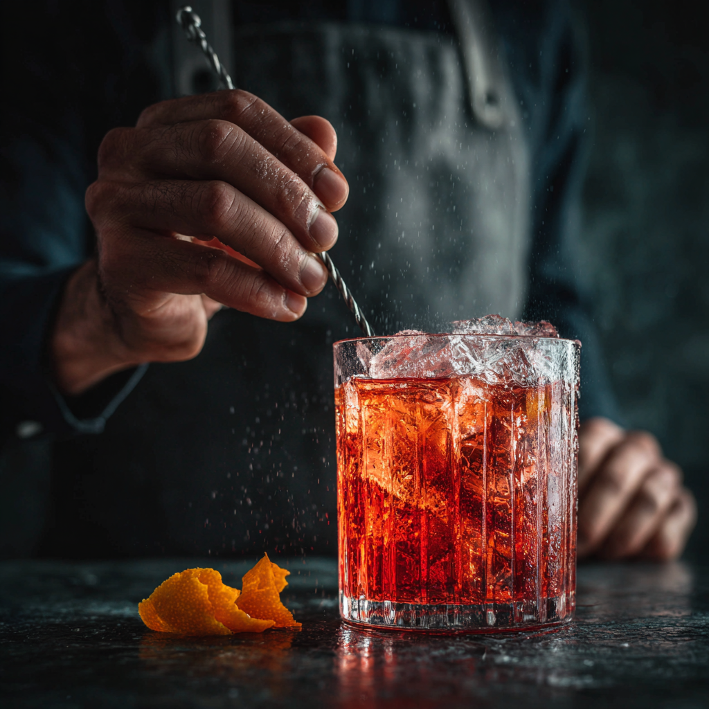 bartender’s hand gently stirring a Negroni Bianco in a mixing glass filled with clear ice.