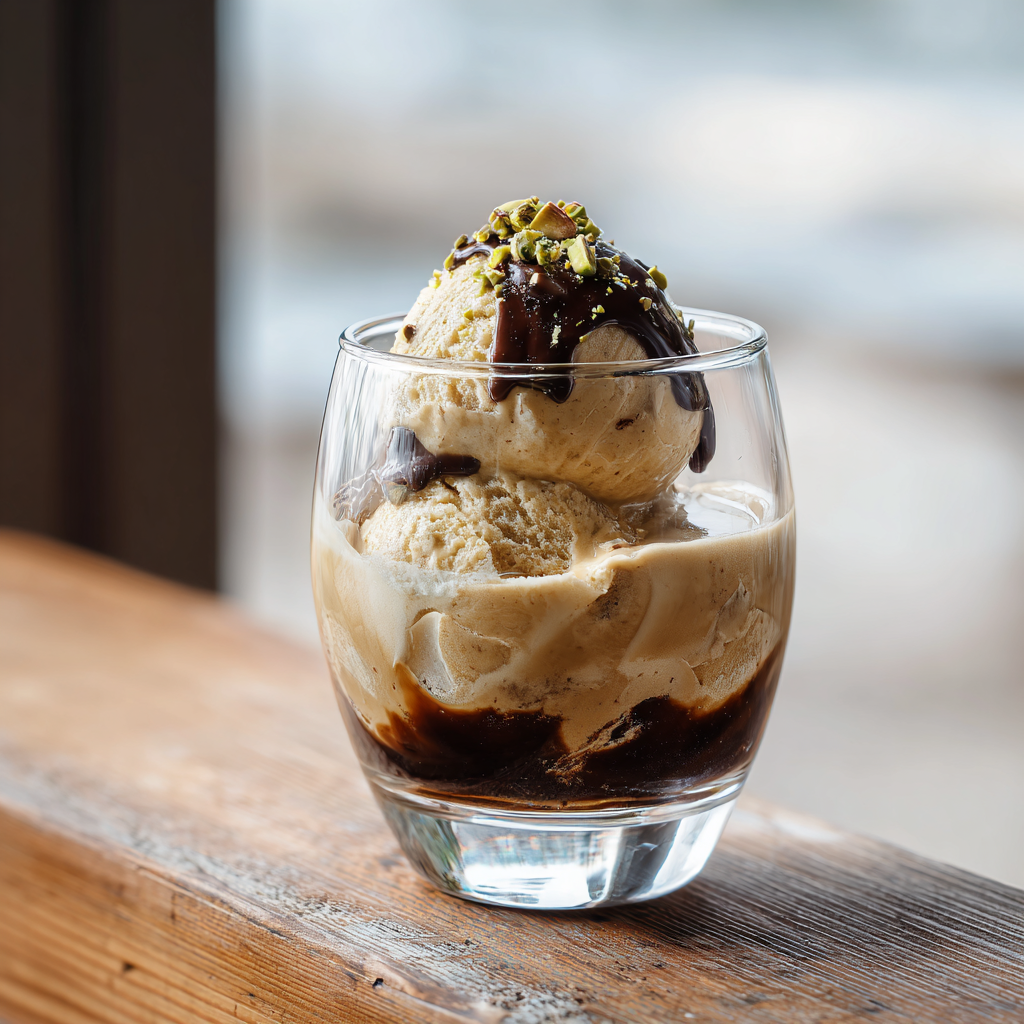 Affogato in a chilled glass with hot espresso poured in, topped with micro-planed dark chocolate and a small sprinkle of crushed pistachios.