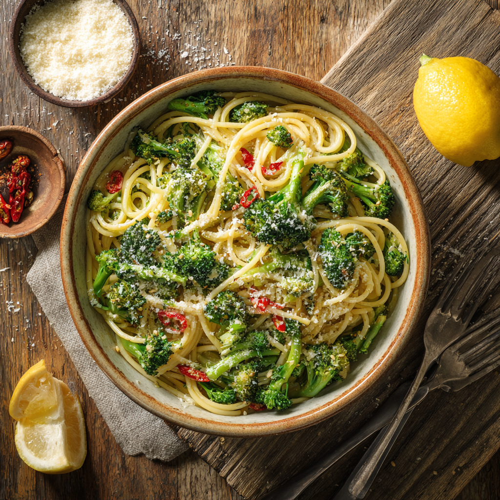 broccoli garlic chili pasta on a rustic wooden table