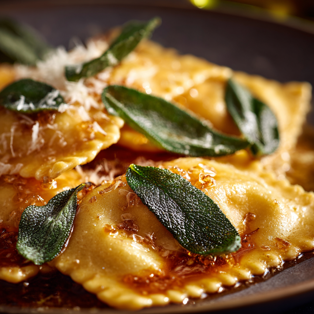 food photography of walnut brown butter ravioli with crispy sage and toasted walnuts, glossy sauce coating pasta