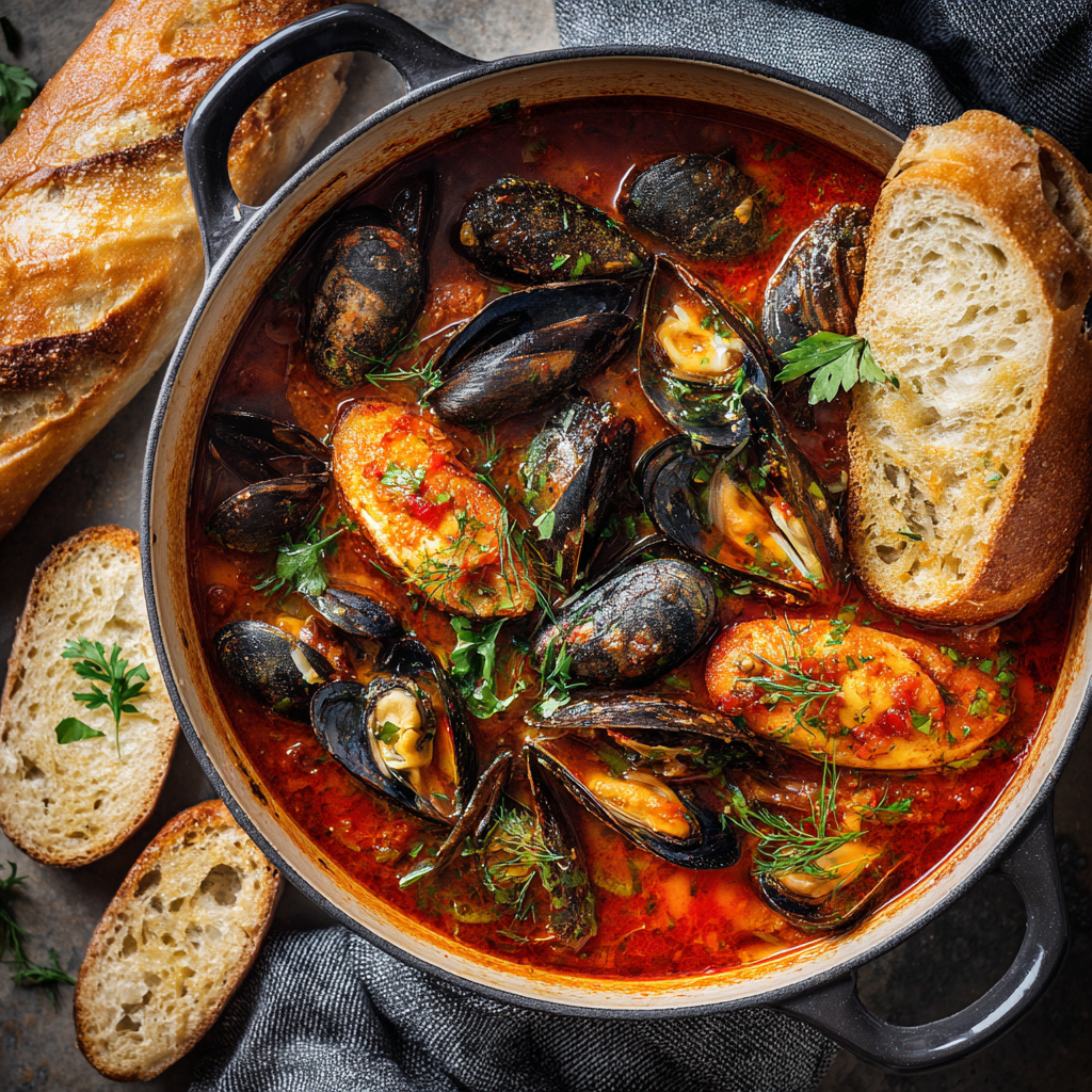 cioppino seafood stew served family style in a large Dutch oven