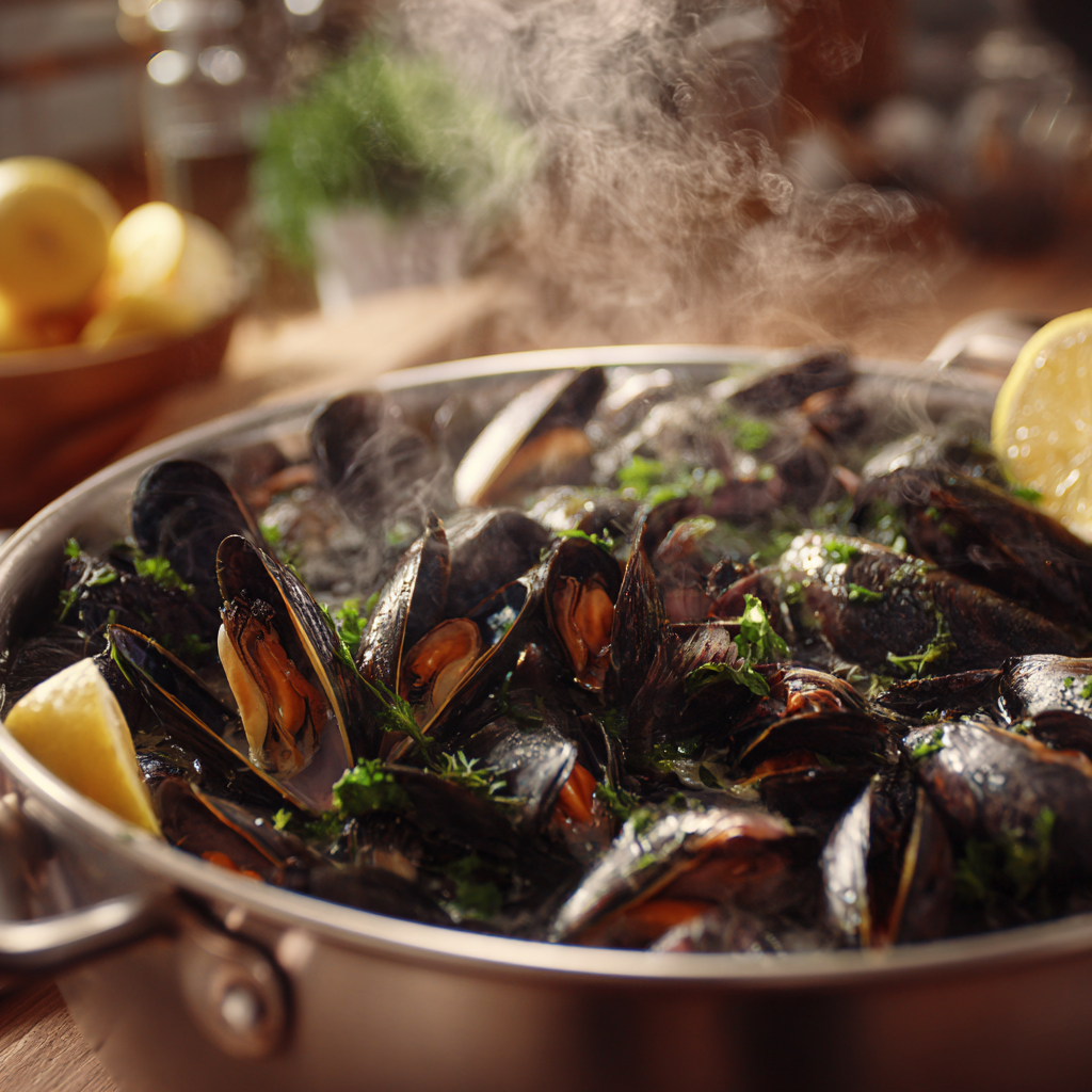 mussels in white wine sauce inside a stainless steel pot, steam rising