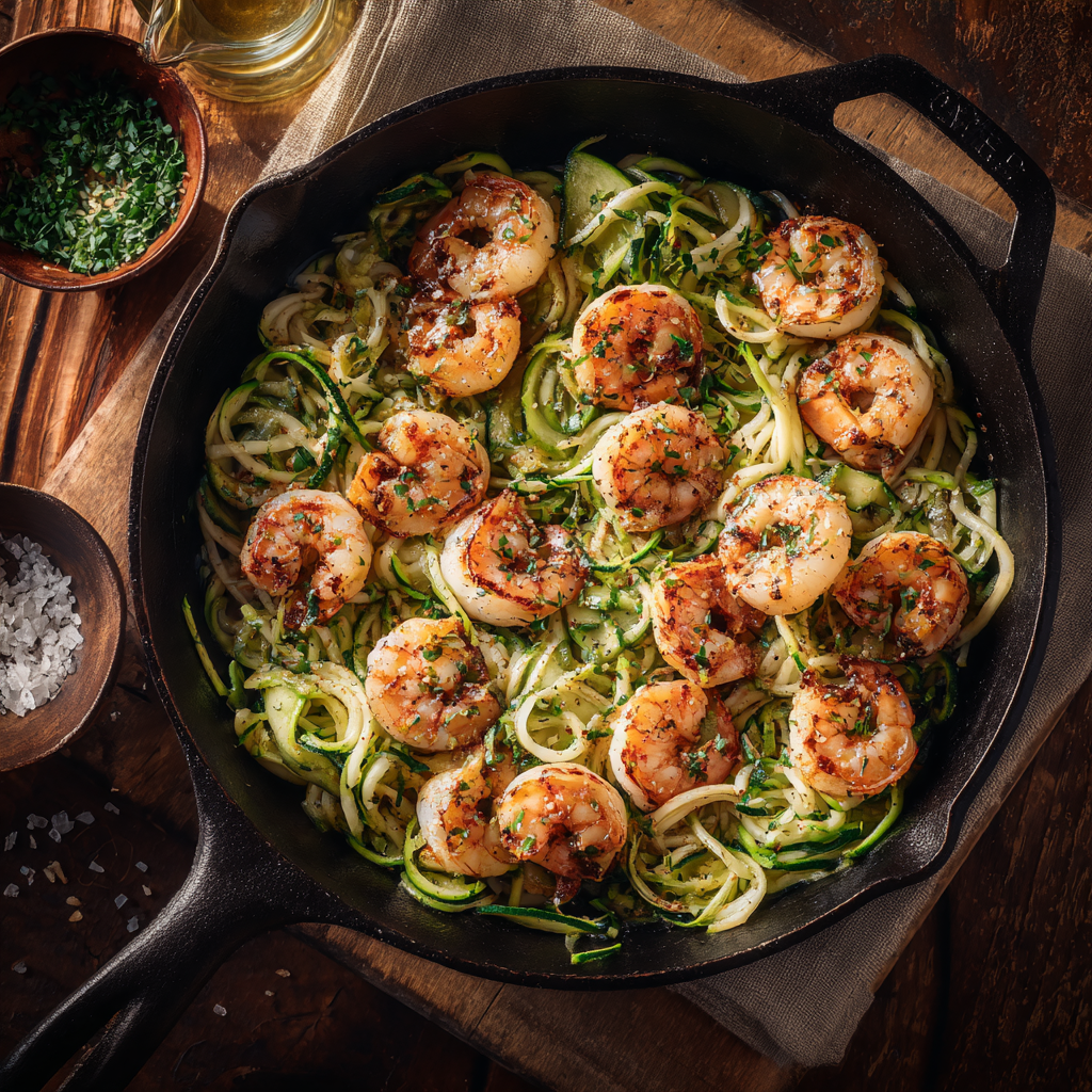 shrimp and zucchini pasta in a black cast iron skillet, shrimp evenly spaced