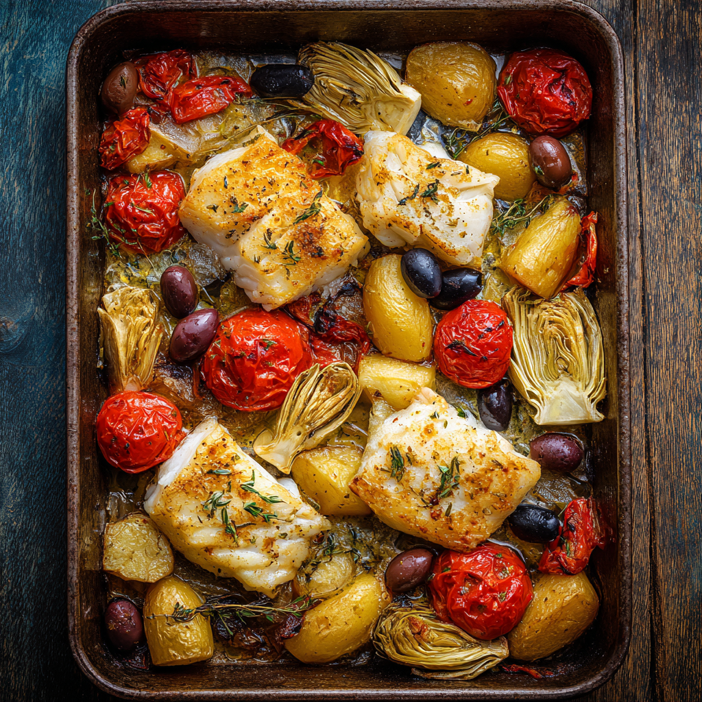 baked cod fillets nestled among roasted potatoes, tomatoes, olives, and artichokes in a large oven tray