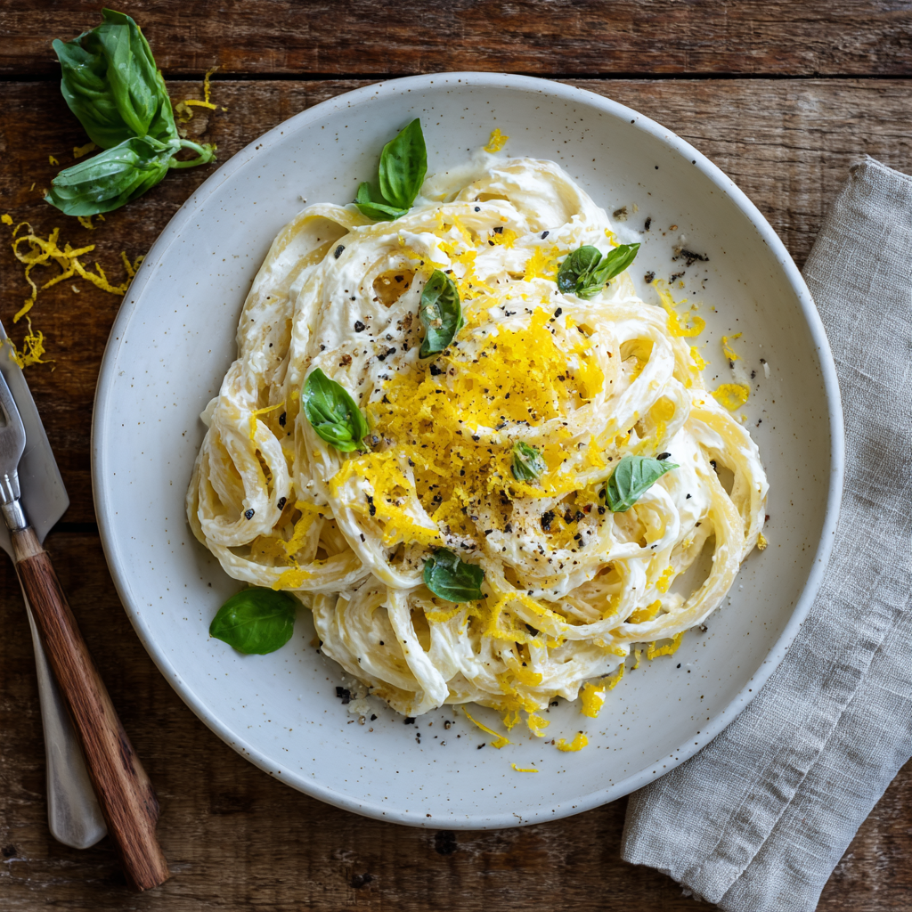 lemon ricotta pasta on a rustic wooden table, creamy white sauce