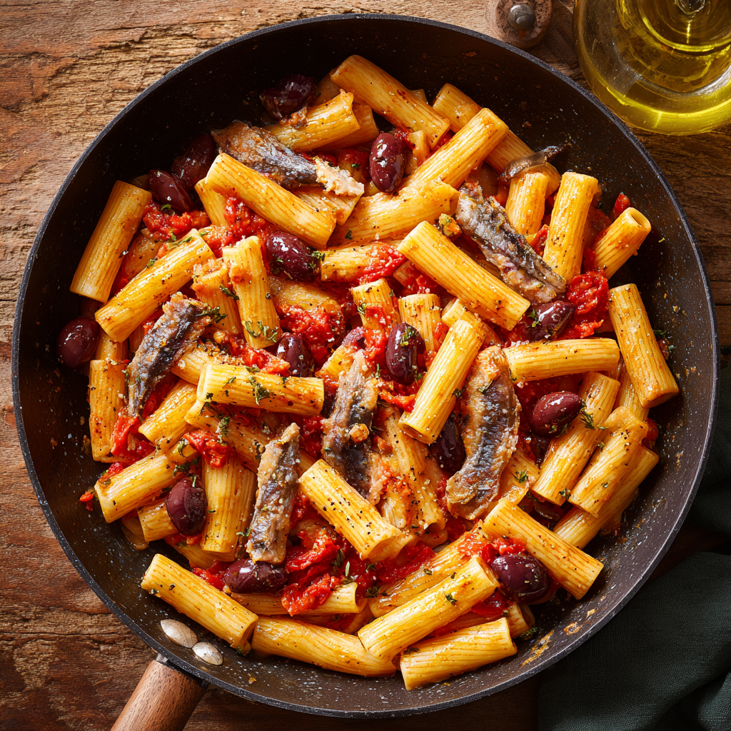 pasta alla puttanesca just tossed in a wide skillet. Sauce clinging to the pasta with a light sheen of olive oil.
