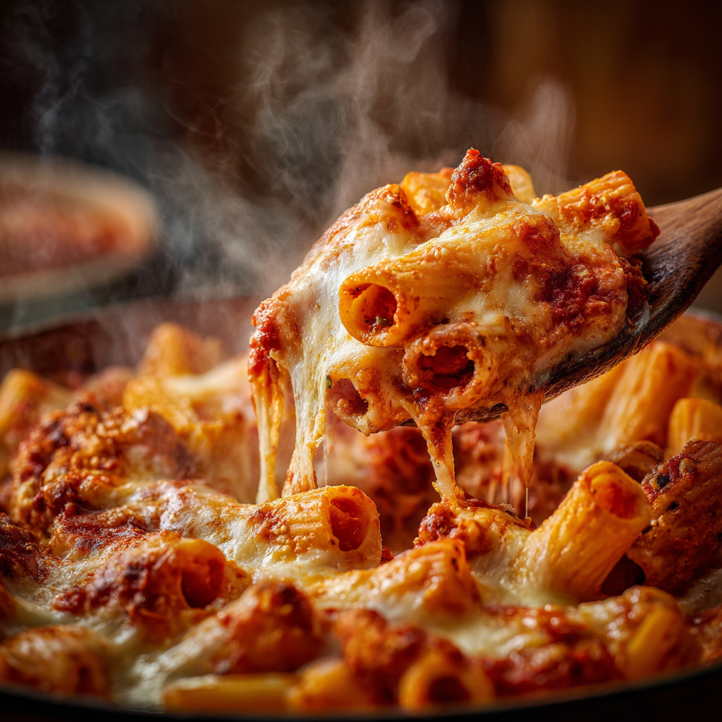 Visible rigatoni tubes filled with tomato sauce, creamy ricotta pockets, melted mozzarella stretch. Steam rising softly.