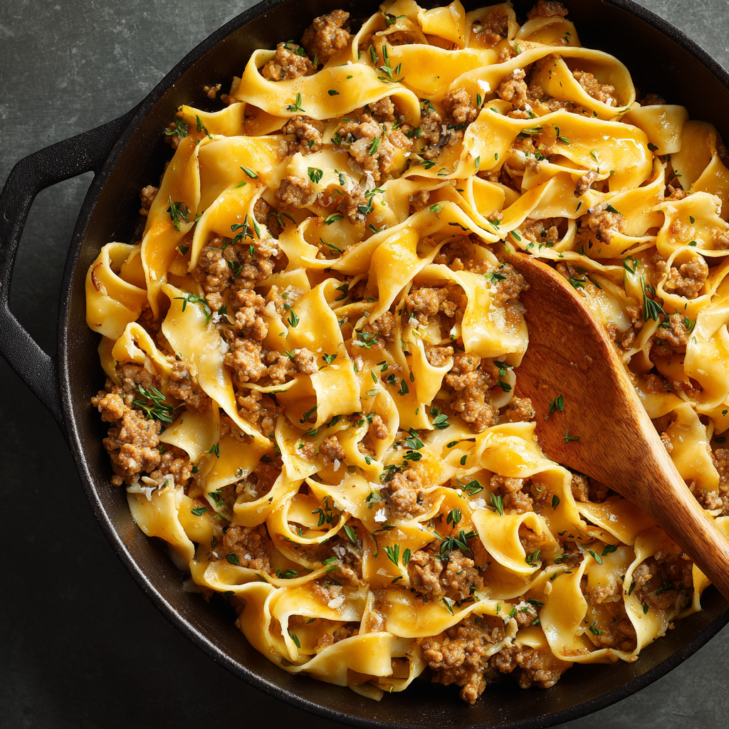 Restaurant style plating of pappardelle with ragù bianco in a white bowl. Twirled pasta with extra sauce spooned on top.
