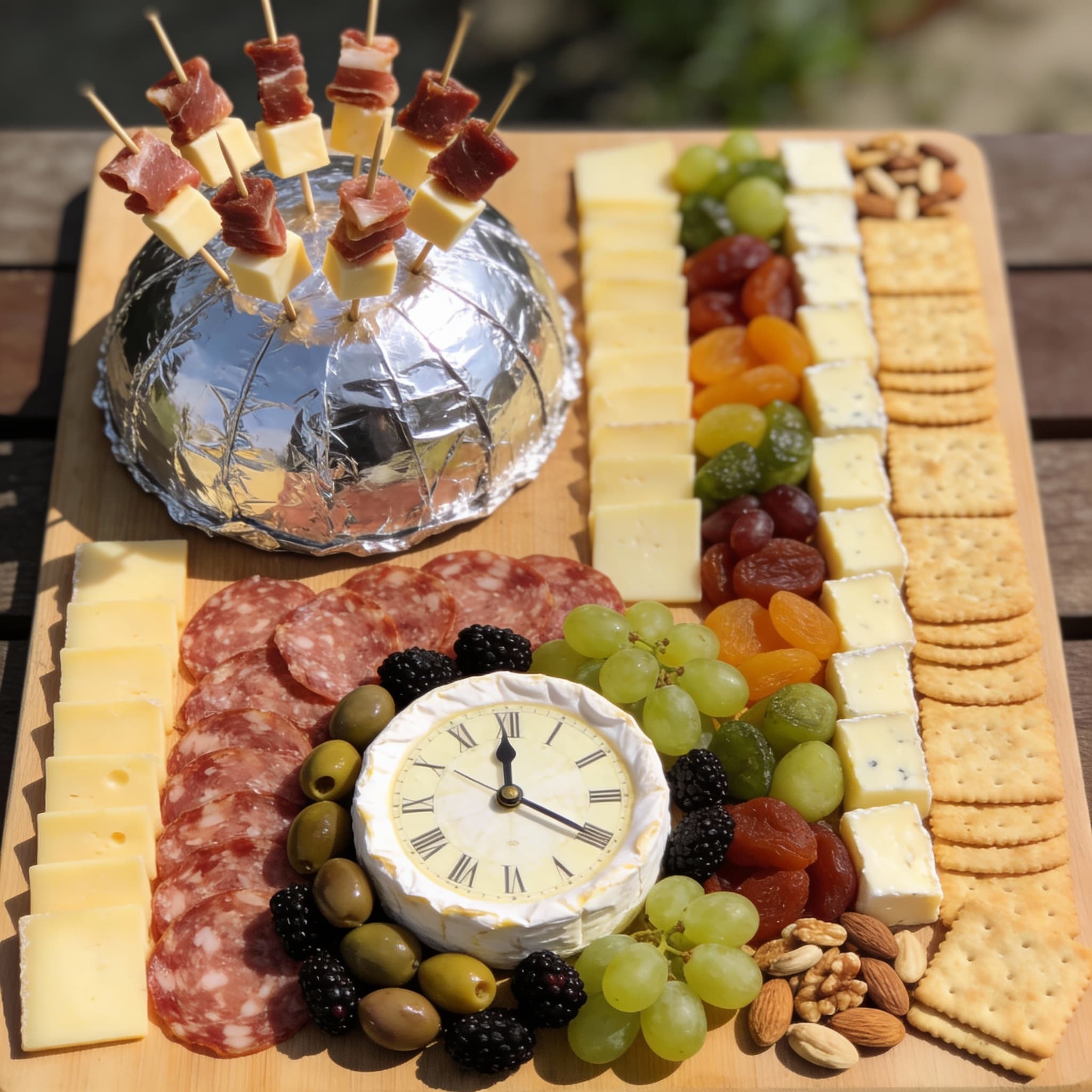Italian charcuterie board, featuring a large camembert cheese clock in the center, surrounded by salami, olives, and fresh fruit such as grapes and blackberries.