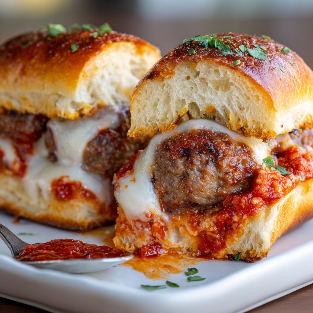 One Italian meatball slider cut in half, showing juicy center of the meatball, vibrant red Arrabbiata sauce, melted mozzarella
