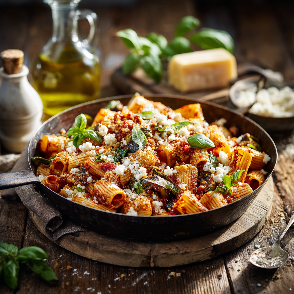 serving pan filled with Calabrian spicy eggplant pasta: caramelized eggplant, bright red tomato sauce, basil leaves, ricotta salata crumbles, and breadcrumbs