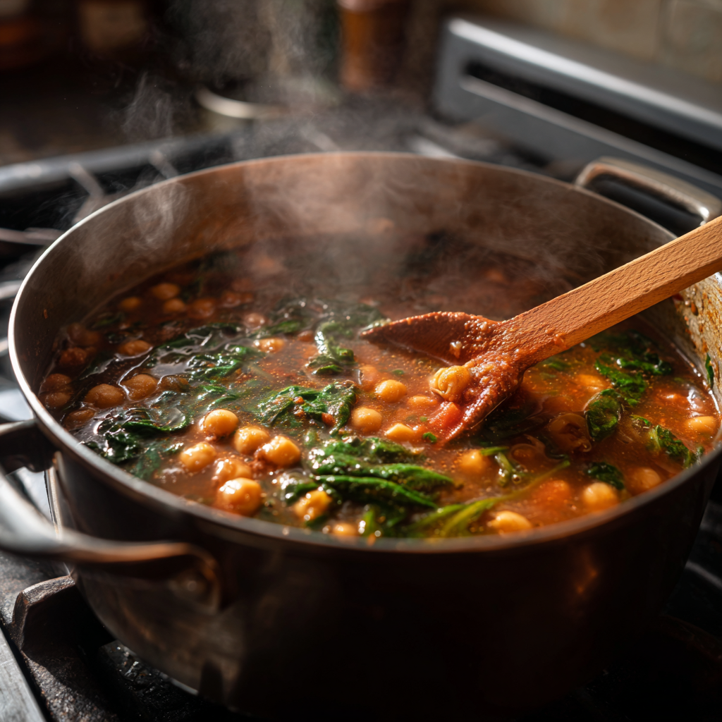 large pot of Italian chickpea soup simmering on the stove