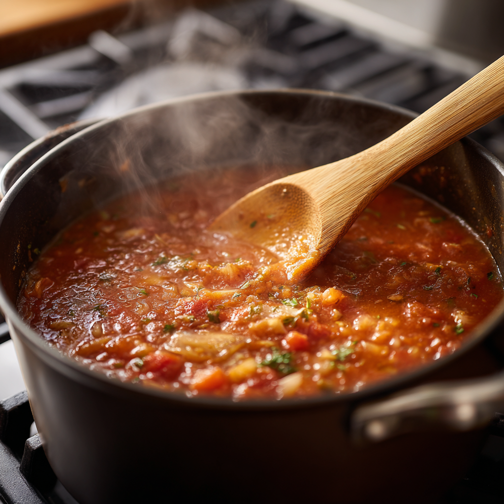 pappa al pomodoro simmering gently, wooden spoon dragging through the thick soup leaving a visible trough, steam rising.