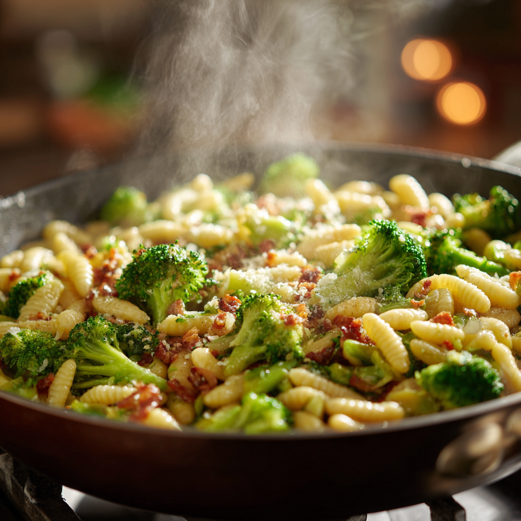 A large skillet filled with cavatelli and broccoli being tossed with olive oil, pancetta, and garlic.