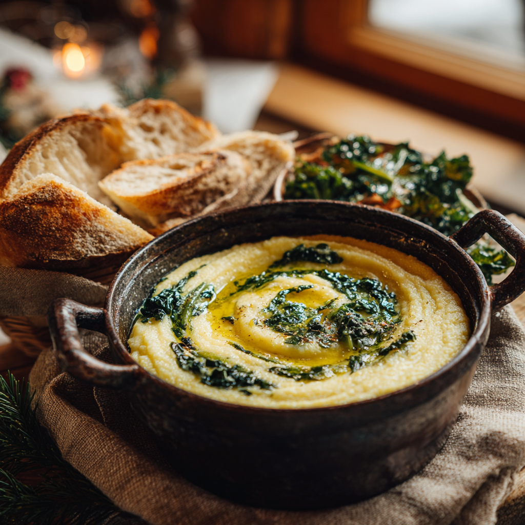 dinner setting featuring a pot of creamy polenta concia with a swirl of melted butter on top, surrounded by winter greens and rustic bread.