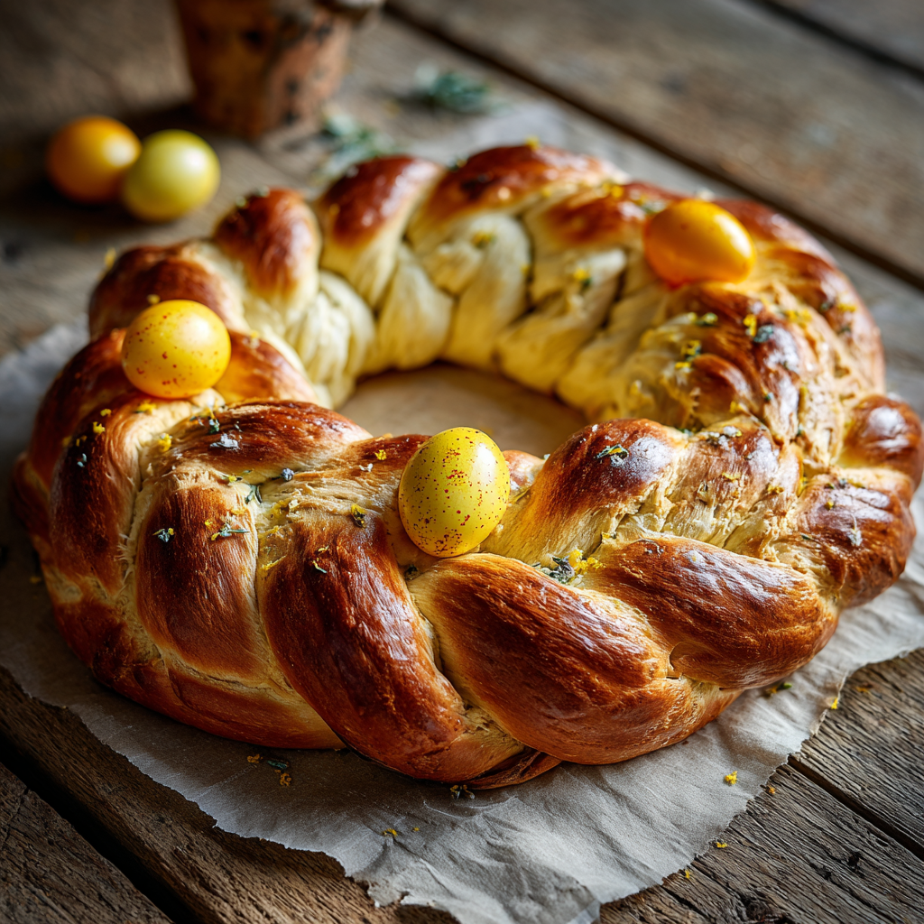 A large braided Italian Easter bread wreath centerpiece on a rustic wooden table.
