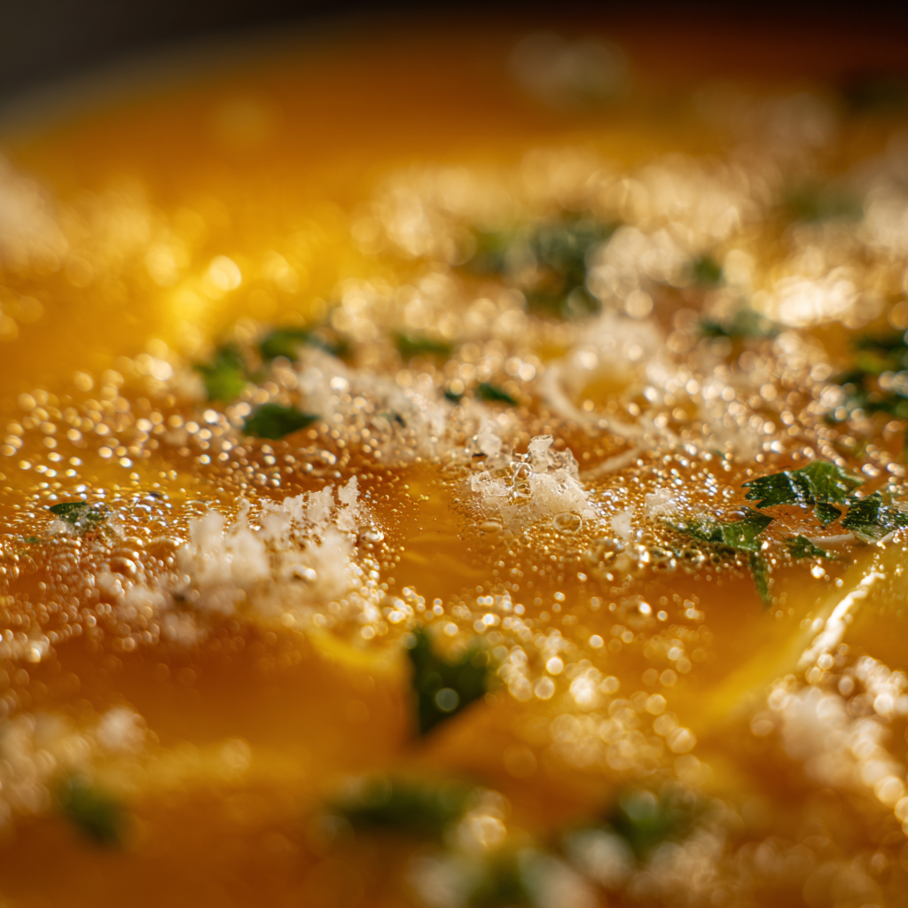 silky egg ribbons forming in golden broth, fine Parmesan melting, small parsley bits visible