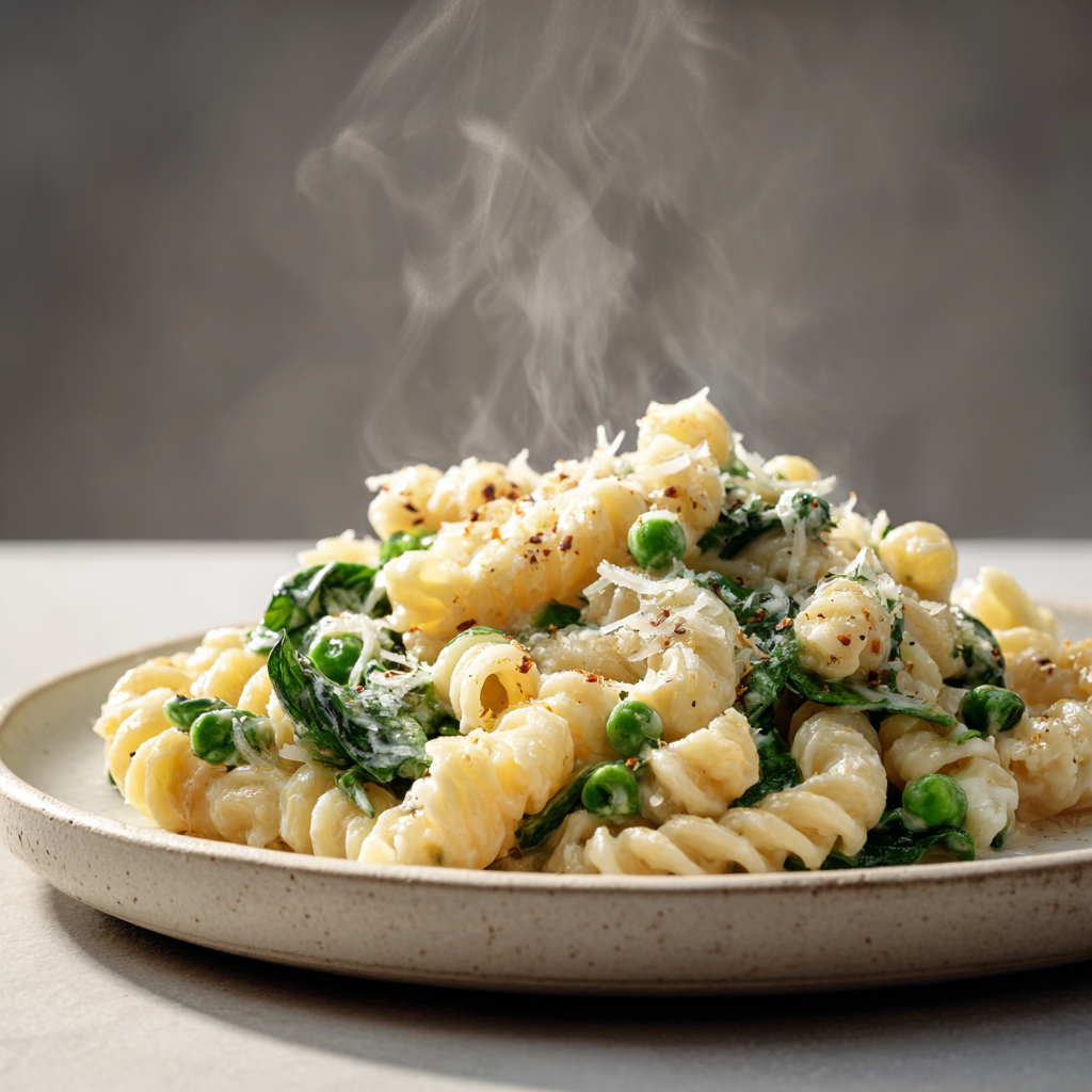 Italian mac and cheese mixed with peas and spinach, creamy sauce clinging to ridged pasta, light steam rising, sprinkled Parmesan on top