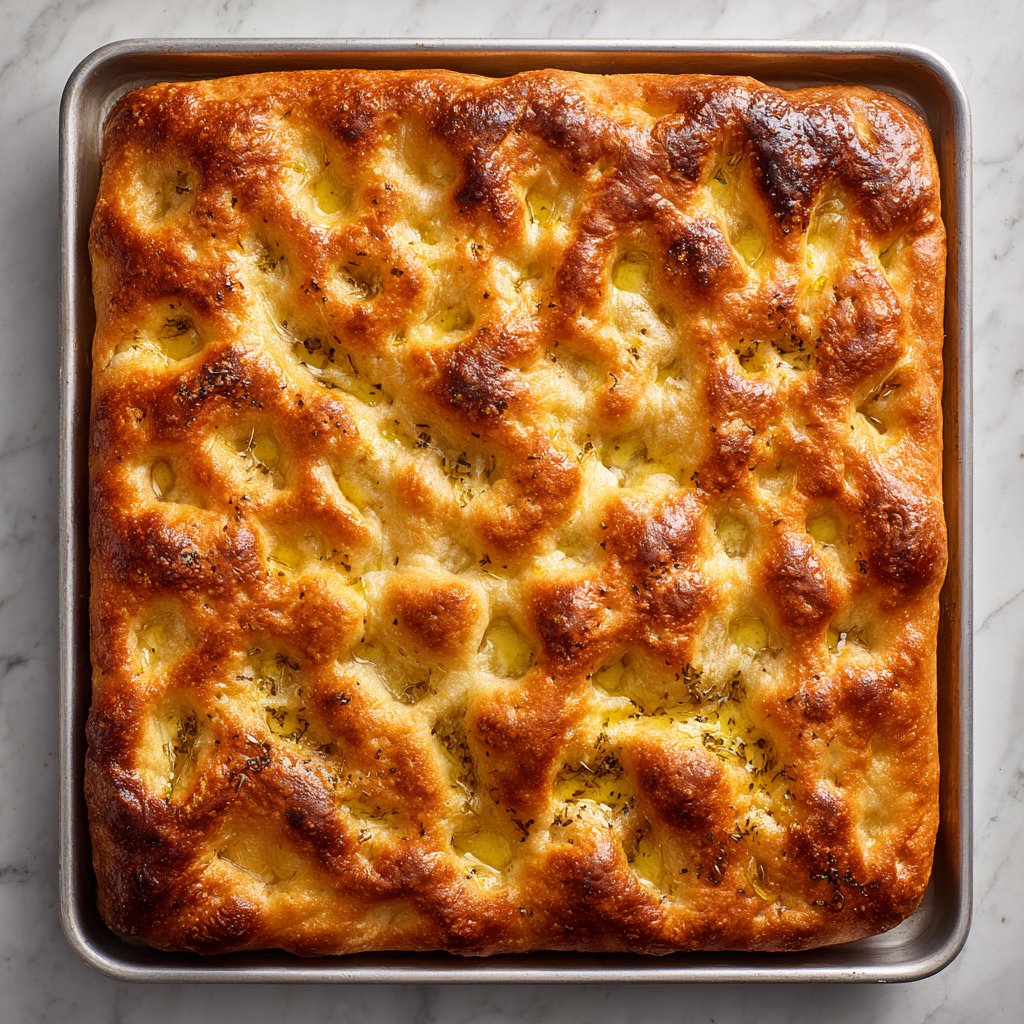 Warm breakfast scene with squares of Ligurian focaccia dolce on a wooden board, glossy olive-oil brushed top