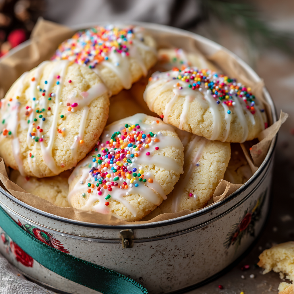 Italian Christmas cookies arranged neatly inside a festive holiday tin with parchment paper layers.