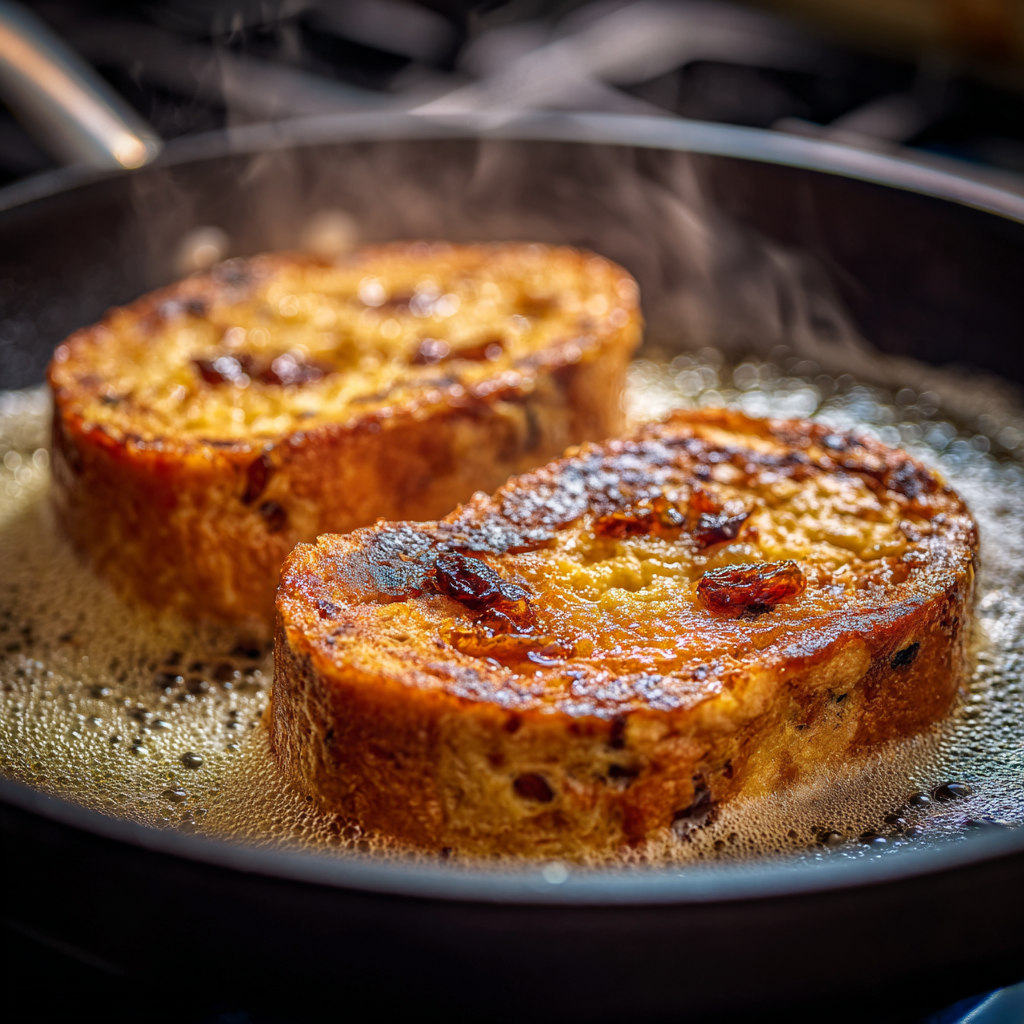 Panettone French toast cooking in a nonstick skillet with foaming butter around the edges. One slice flipped to show deep golden browning.