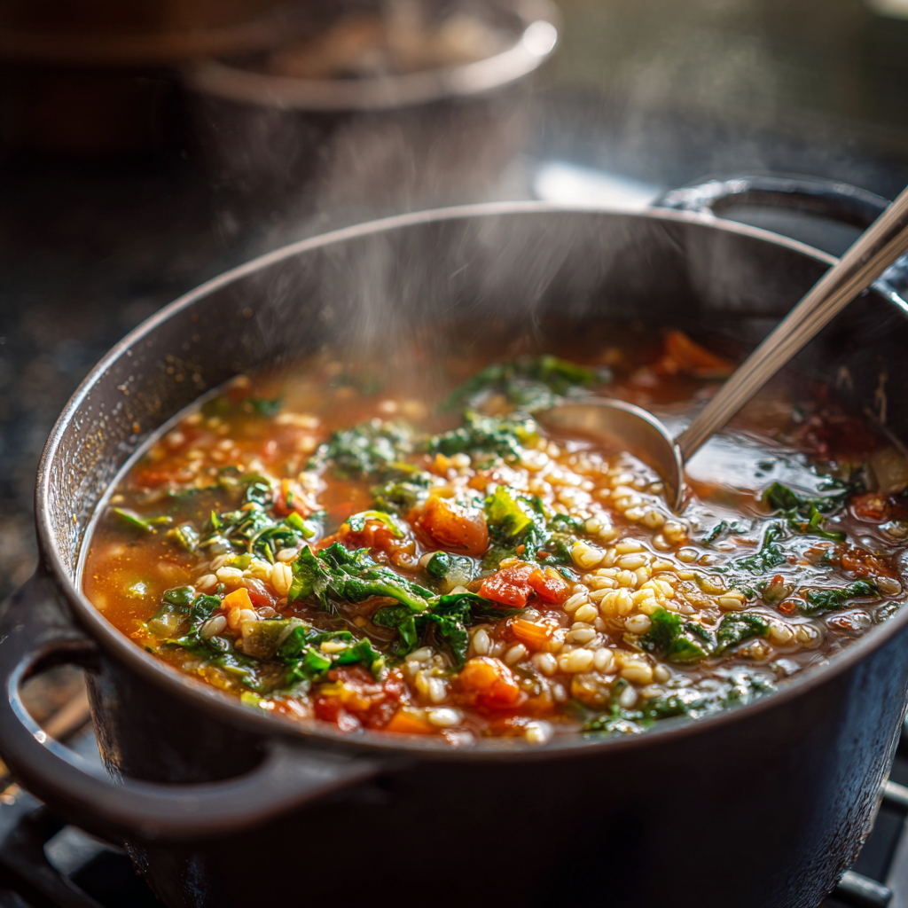 A Dutch oven filled with simmering Italian vegetable barley soup, soffritto and tomato base visible, greens just wilted, steam rising.