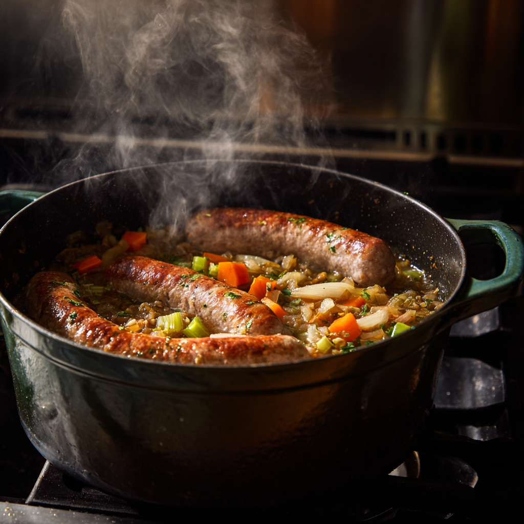 kitchen scene showing Italian sausage and lentil soup mid-cooking. Sausage browning with onion, carrot, and celery in a Dutch oven.