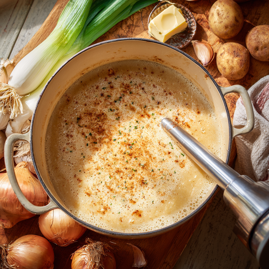 roasted garlic potato soup being blended in a Dutch oven with an immersion blender, creamy texture visible, roasted garlic cloves nearby, butter