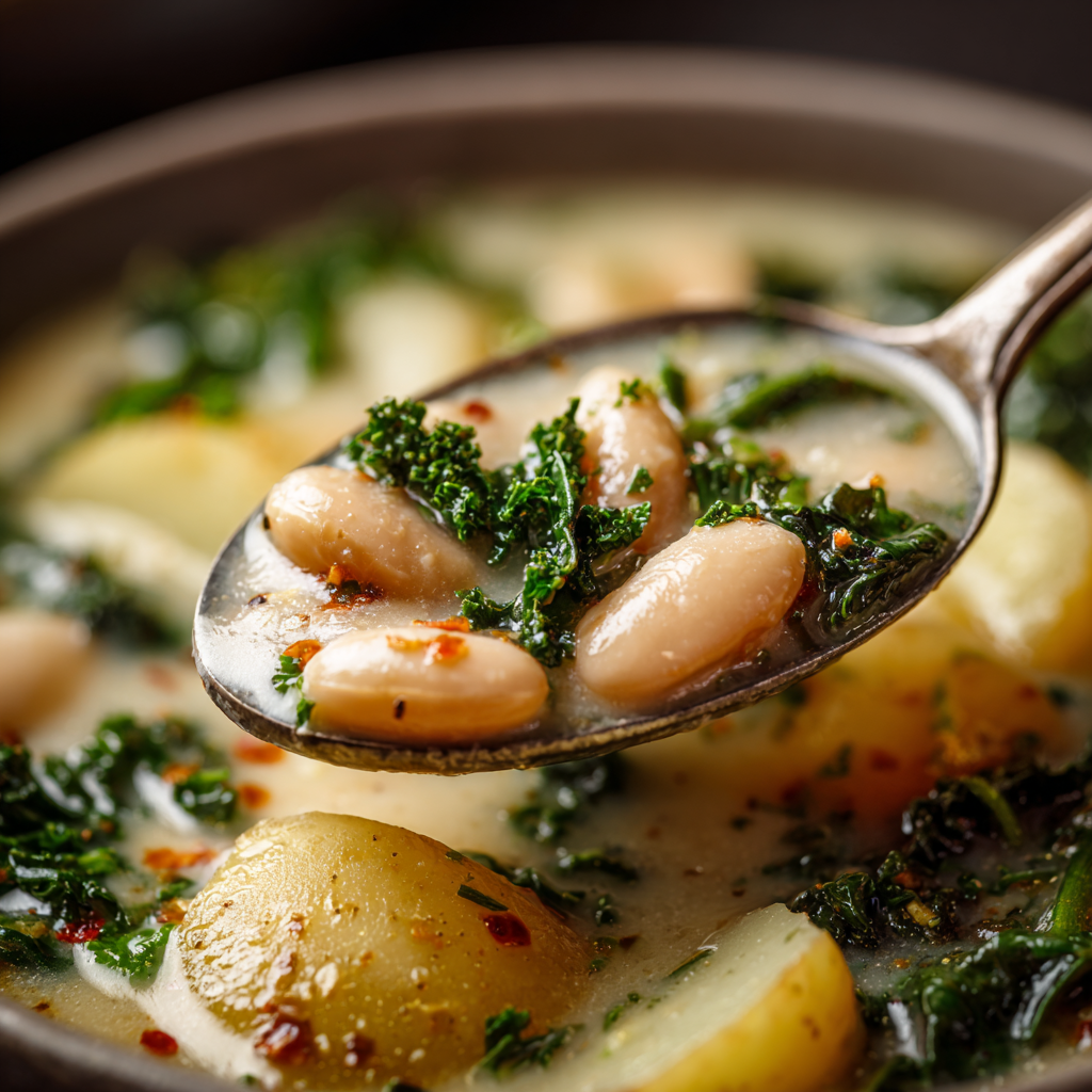 creamy white bean and kale soup showing thick broth texture, whole beans and potatoes, parsley garnish
