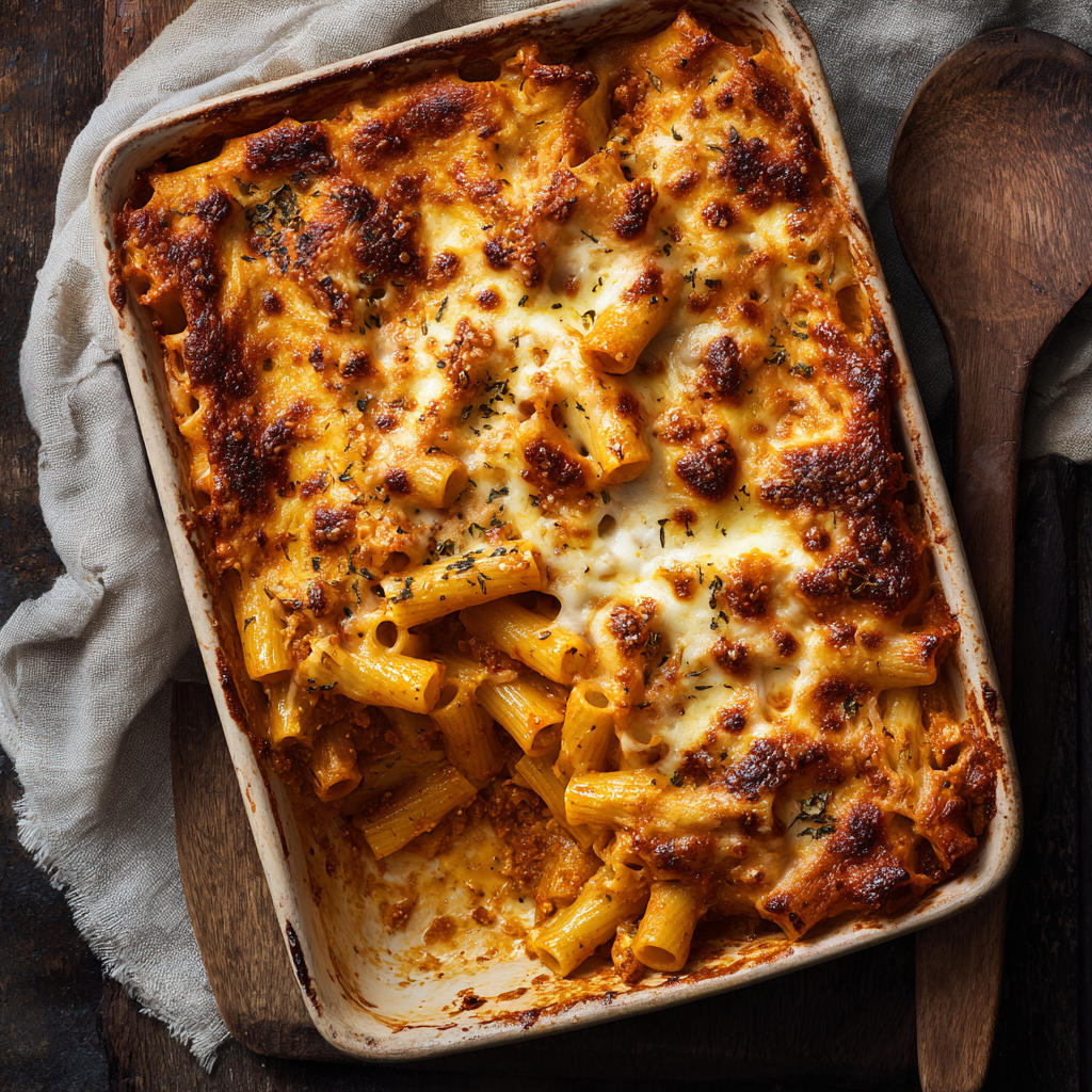 Overhead shot of baked ziti just out of the oven. Even layers visible through the cut corner. Saucy interior, glossy tomato sauce, browned cheese top.