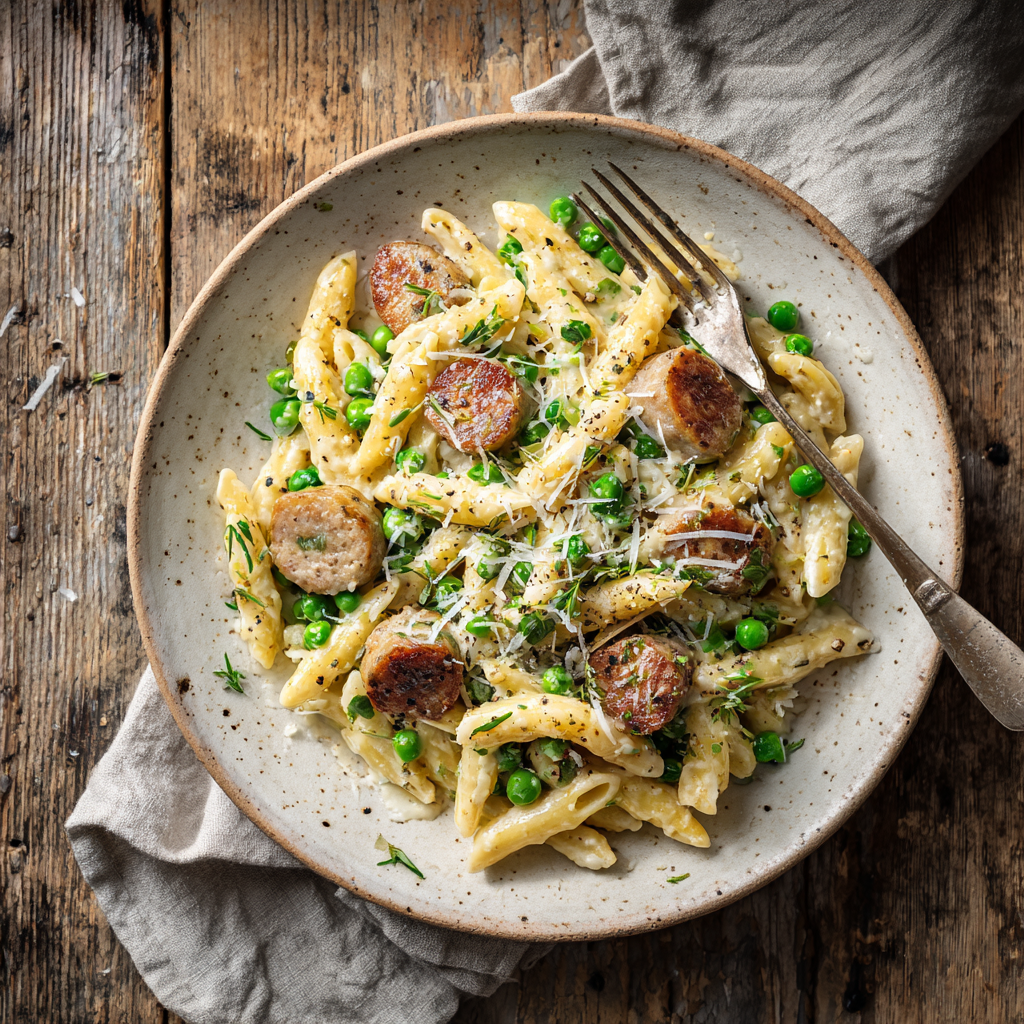 Plated serving of creamy sausage and pea pasta on a rustic wooden table. Parmesan and black pepper finish.
